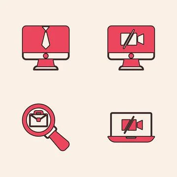 Set Video camera Off on laptop, chat conference, computer and Magnifying glass Illustrazione stock