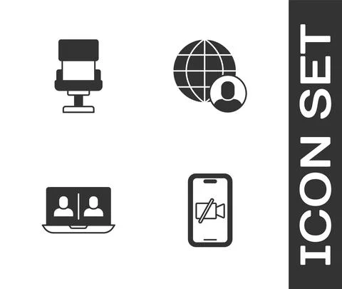 Set Video camera Off on mobile, Office chair, chat conference and Freelancer Illustrazione stock