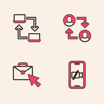 Set Video camera Off on mobile, Online working, Project team base and icon Stock Illustration