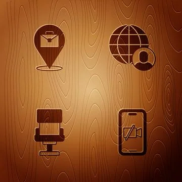Set Video camera Off on mobile, Online working, Office chair and Freelancer on Illustrazione stock