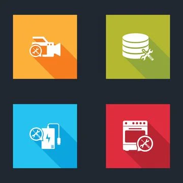 Set Video camera service, Database server, Power bank and Oven icon. Vector イラスト素材