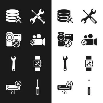 Set Video camera service, Database server, Crossed screwdriver and wrench Stock Illustration