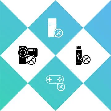 Set Video camera service, Gamepad, Refrigerator and USB flash drive icon. Vector Illustrazione stock
