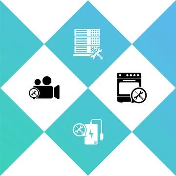 Set Video camera service, Power bank, Database server and Oven icon. Vector Stock Illustration