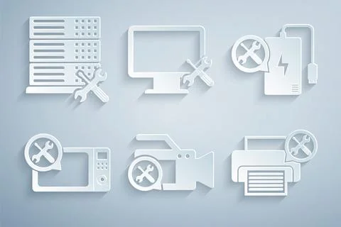 Set Video camera service, Power bank, Microwave oven, Printer, Computer monitor Stock Illustration