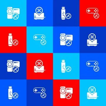 Set Video camera service, Toaster, USB flash drive and Gamepad icon. Vector Stock Illustration
