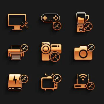 Set Video camera service, Tv, Router wi-fi with, Photo, Power bank, Printer Stockillustratie