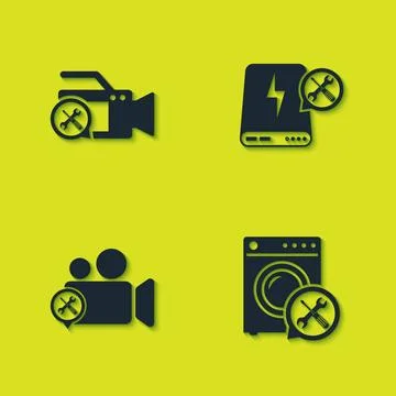 Set Video camera service, Washer,  and Power bank icon. Vector Ilustración de archivo