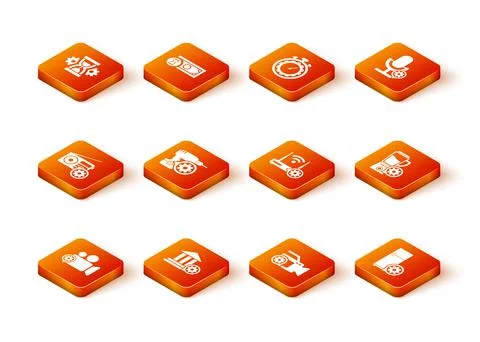 Set Video camera setting, Bank building, Radio, Drill machine, and Router and wi Ilustración de archivo