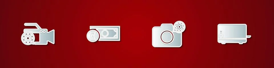 Set Video camera setting, Fast payments, Photo and Toaster icon. Vector Stock Illustration
