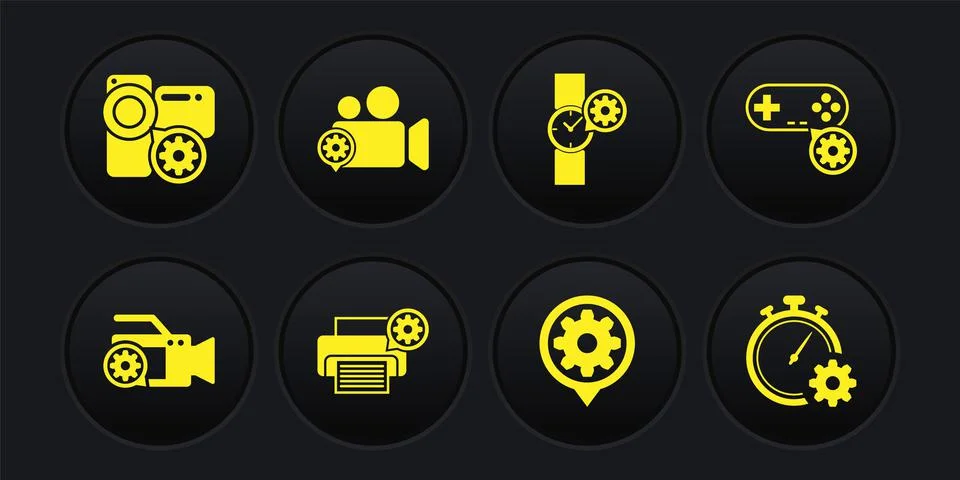 Set Video camera setting, Gamepad, Printer, Setting, Wrist watch and icon Stock Illustration