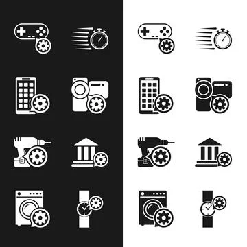 Set Video camera setting, Mobile Apps, Gamepad, Stopwatch, Drill machine and Illustrazione stock