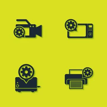 Set Video camera setting, Printer, Toaster and Microwave oven icon. Vector Stock Illustration