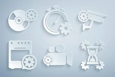 Set Video camera setting, Security, Oven, Hourglass, Time management and CD o Stock Illustration