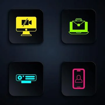 Set Video chat conference, camera Off computer, Web and Online working. Black Illustrazione stock