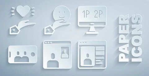 Set Video chat conference, Computer monitor screen, Selfie mobile, Dating app Stock Illustration
