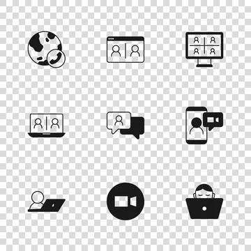 Set Video chat conference, Freelancer, Speech bubble,  and  icon. Vector Illustrazione stock