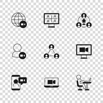 Set Video chat conference, Freelancer, Meeting,  and  icon. Vector Stock Illustration