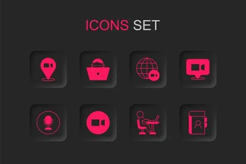 Set Video chat conference, Freelancer, Phone book,  and Microphone icon. Vect Stock Illustration