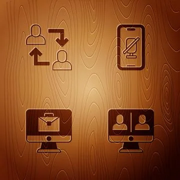 Set Video chat conference, Project team base, Online working and Mute microphone Stock Illustration