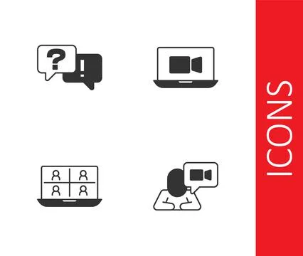 Set Video chat conference, Question and Answer,  and  icon. Vector Stock Illustration