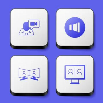 Set Video chat conference, Speaker volume, and icon. White square button. Vector Stock Illustration