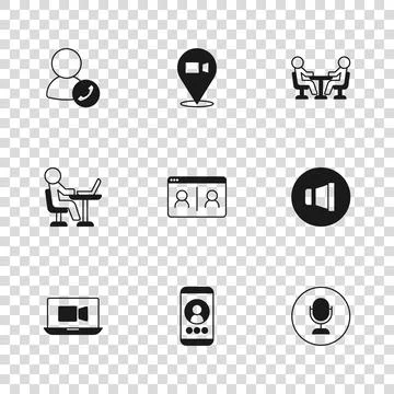 Set Video chat conference, Speaker volume, Microphone, Meeting, and Freelan.. Stock Illustration