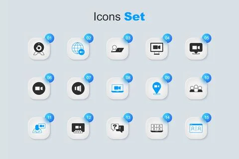 Set Video chat conference, Speaker volume, Meeting, Web camera and  icon. V.. Stock Illustration