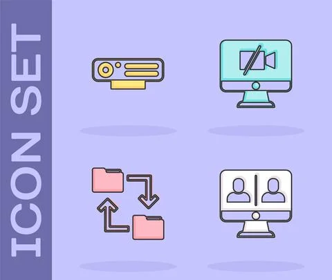 Set Video chat conference, Web camera, Cloud storage document folder and Off Illustrazione stock