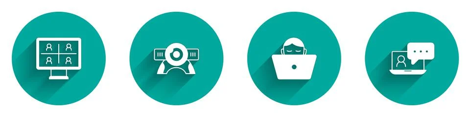 Set Video chat conference, Web camera, Freelancer and icon with long shadow Stock Illustration