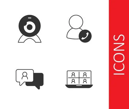 Set Video chat conference, Web camera, Speech bubble and icon. Vector Illustrazione stock