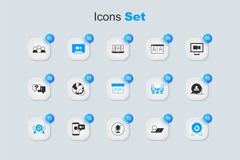 Set Video chat conference, Web camera, Speech bubble, Meeting and  icon. Vect Stock Illustration