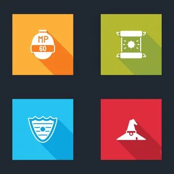 Set Video game bar, Decree, parchment, scroll, Shield and Witch hat icon. V.. Stock Illustration