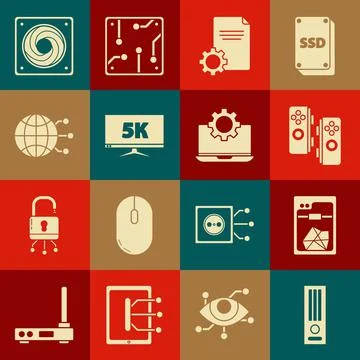 Set Video game console, 3D printer, Gamepad, File document, Monitor display with Stock Illustration