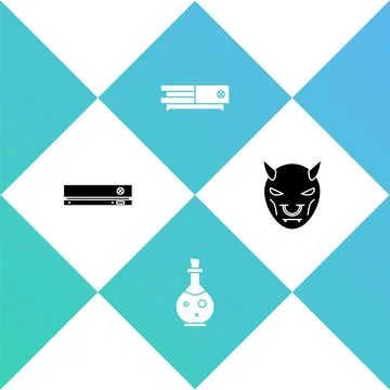 Set Video game console, Bottle with magic elixir, and Mask of the devil horns Stock Illustration