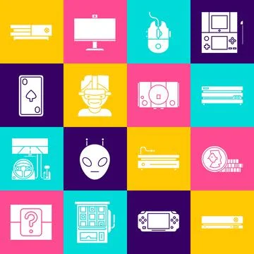 Set Video game console, Coin for, Computer mouse gaming, Virtual reality glasses Stock Illustration