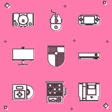 Set Video game console, Computer mouse gaming, Portable video, monitor, Shield Stock Illustration