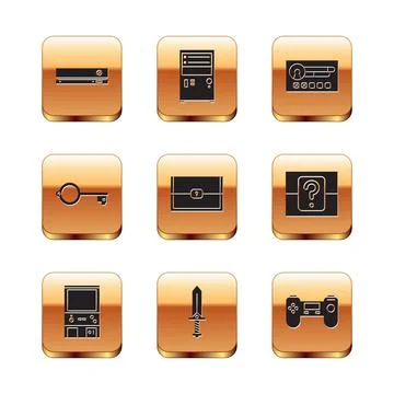 Set Video game console, Retro arcade machine, Sword for, Chest, Ancient key.. Stock Illustration
