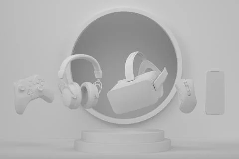 Set of video game joystick, VR glasses and headphones on monochrome podium Stock Illustration