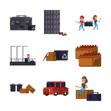 Set of video game pixelated characters and street icons Ilustración de archivo