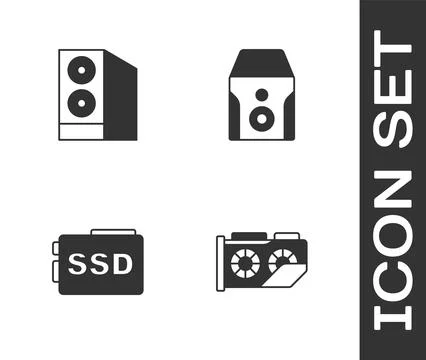 Set Video graphic card, Case of computer, SSD and Uninterruptible power sup.. Illustrazione stock