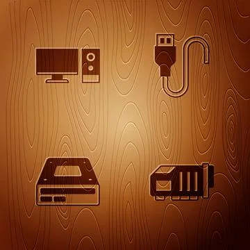 Set Video graphic card, Computer monitor, Optical disc drive and USB cable cord Stock Illustration