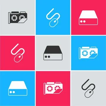 Set Video graphic card, Computer mouse and Server, Data, Web Hosting icon Stock Illustration