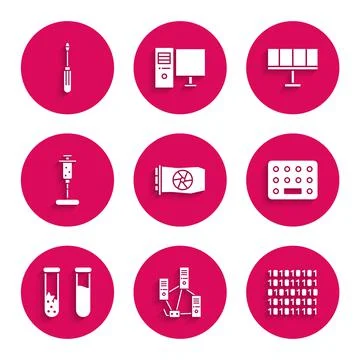 Set Video graphic card, Computer network, Binary code, Pills blister pack, Test Stock Illustration