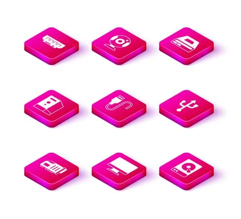 Set Video graphic card, Computer monitor screen, Case of computer, USB cable Illustrazione stock