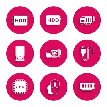 Set Video graphic card, Computer mouse, RAM, random access memory, USB cable Stock Illustration