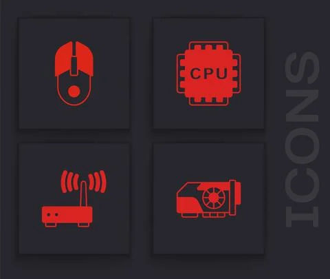 Set Video graphic card, Computer mouse, Processor with CPU and Router and wi-fi イラスト素材