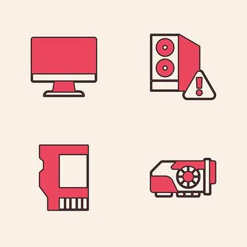 Set Video graphic card, Computer monitor screen, Case of computer and SD icon Stockillustratie