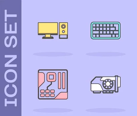 Set Video graphic card, Computer monitor, Motherboard digital chip and Keyboard Stock Illustration