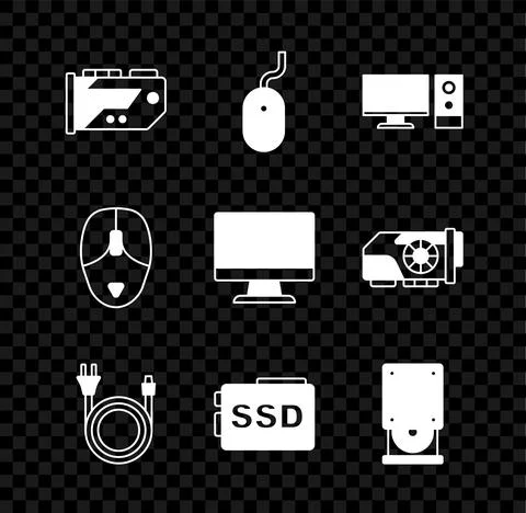 Set Video graphic card, Computer mouse, monitor, Electric plug, SSD, Optical Stock Illustration